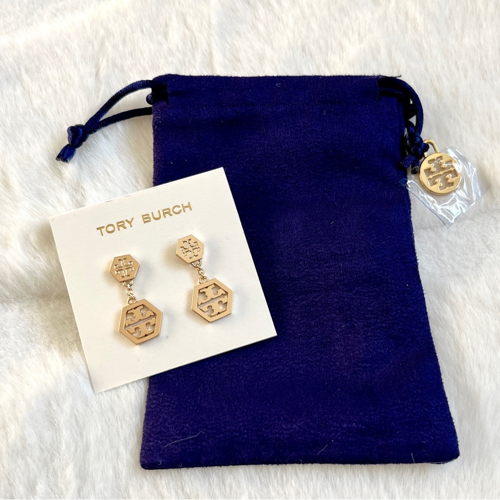 Tory Burch Gold Hexagon Logo Drop Earrings